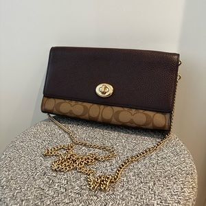 Coach Brown Signature Canvas and Dark Brown Leather Crossbody with Gold Chain